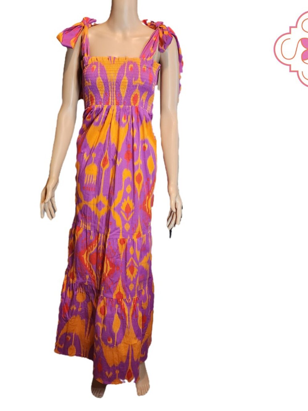 Sheridan French Kelly Maxi Dress L Sunset Ikat NWT Smocked Tiered Resort Wedding - Picture 2 of 11